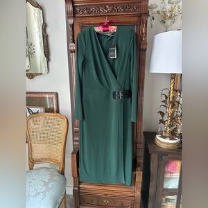 NWT Ralph Lauren Green Wrap V-Neckline Midi Work Dress